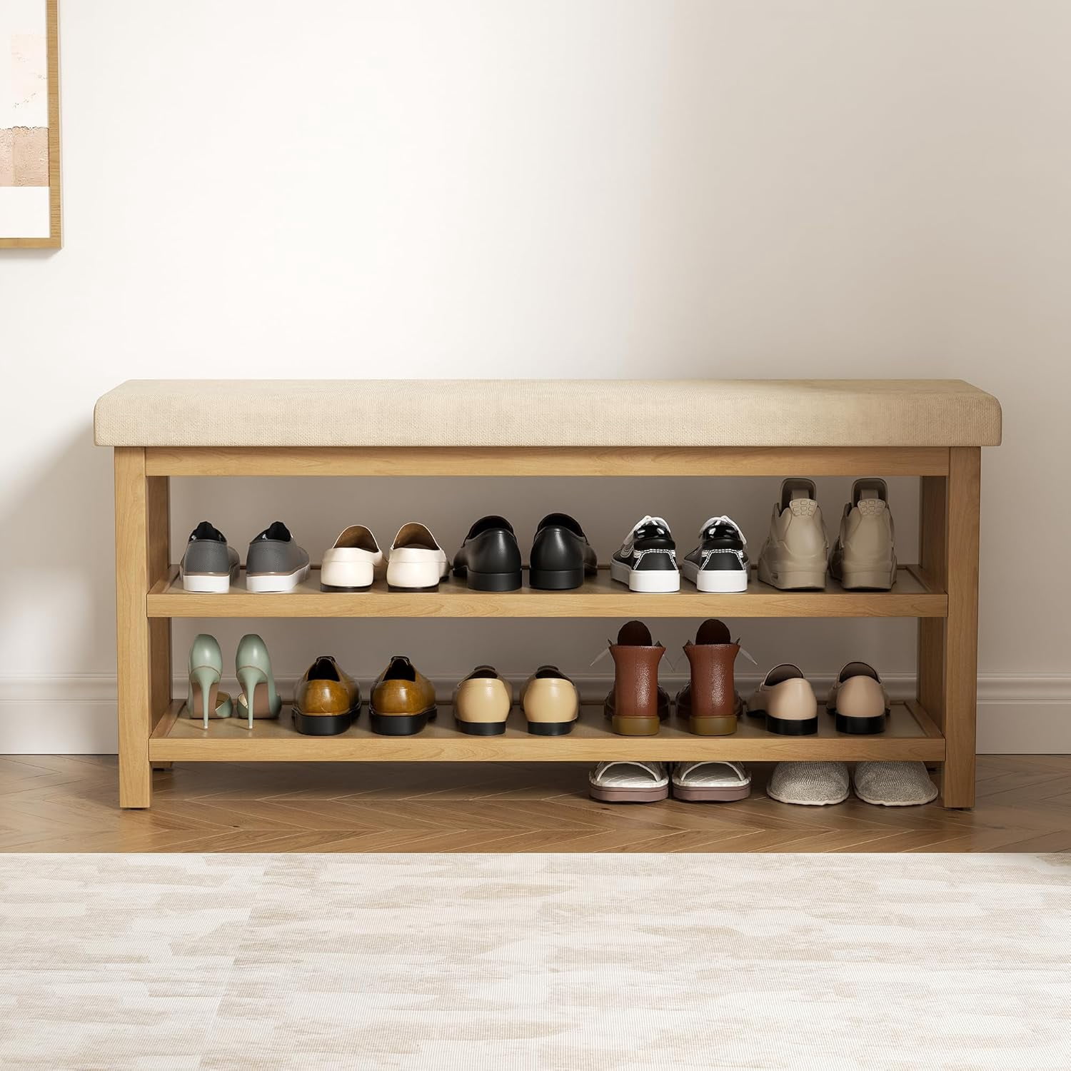 Shoe Rack Bench Short 2 Tier Shoe Rack Bench with Cushion, Rubberwood Shoe Benches, Mid ...