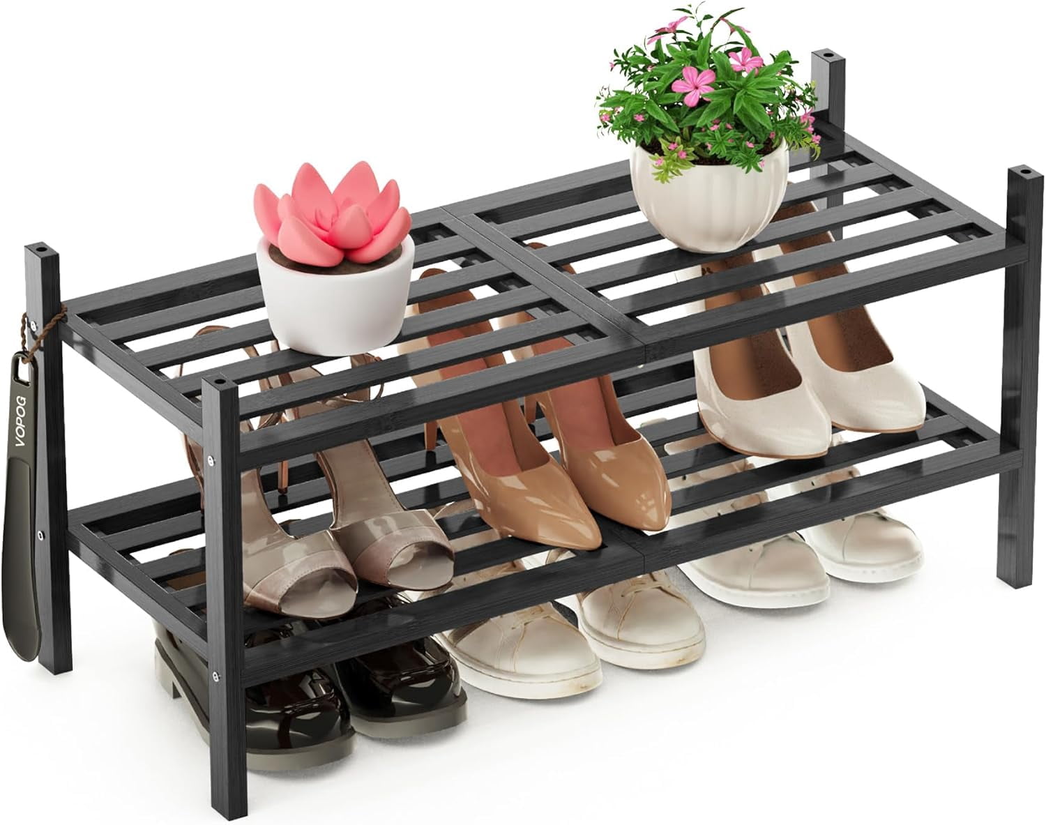 2 Tier Shoe Rack for Front Door Entrance with Shoe Horn, Stackable ...