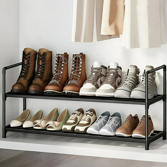2-Tier Shoe Rack, ONE PIX Metal Shoe Organizer Holds 12-15 Pairs, Stackable Storage Shelf for Entryway, Closet, Bathroom, Black