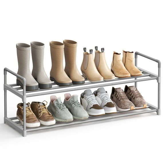 2-Tier Shoe Rack Organizer, Metal Shoe Storage Shelf for 10 Pairs, Easy Assembly - Grey