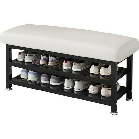 2-Tier Shoe Rack Organizer Storage Bench Shelf with Seat, White, Holds up to 12 Pairs of Shoes