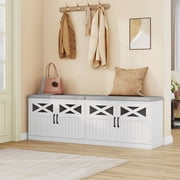 2 Tier Shoe Storage Bench, 59"W Farmhouse Entryway Bench with Padded Cushion & Doors, Holds 12-16 Pairs of Shoes, for Bedroom Living Room, White