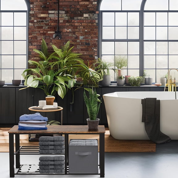 2 Tier Shoes Bench with Wood Top and Storage Bins, Rustic Brown