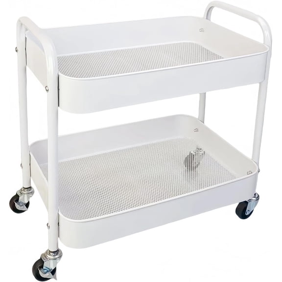 2 Tier Short Rolling Cart with Wheels for Under Desk Storage & Pantry Storage, Large Capacity Metal Kitchen Utility Cart for Small Space, Laundry Room Organizer Side Table with 4 Hooks, White