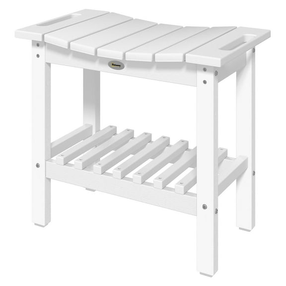 2-Tier Shower Bench, HDPE Outdoor Bench with Non-Slip Pads, Patio Side Table, Weather Resistant, White