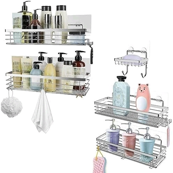 2 Tier Shower Caddies Bundle with 2 Tier Shower Shelves with Soap Dish Holder Silver No Drilling Rustproof Bathroom Shower Organizer Shelves Racks$$Home Decor, Kitchen, & Other