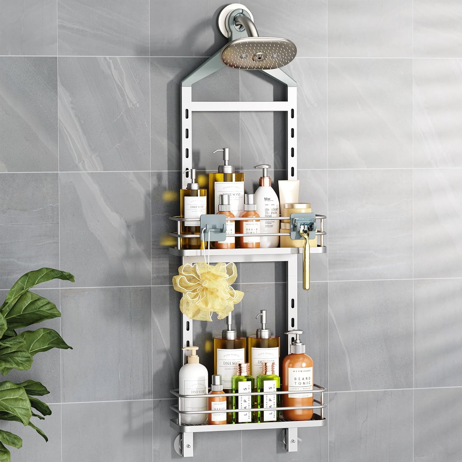 2 Tier Shower Caddy Organizer Over Head Anti-Swing Hanging Bathroom ...