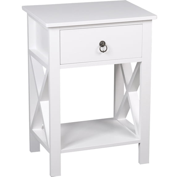 2-Tier Nightstand with 1 Drawer and Storage Shelf, Bedroom Bedside Table with Storage, Modern Style Night End Table with Mental Handle, Suitable for Living Room Bedroom Home Office, White