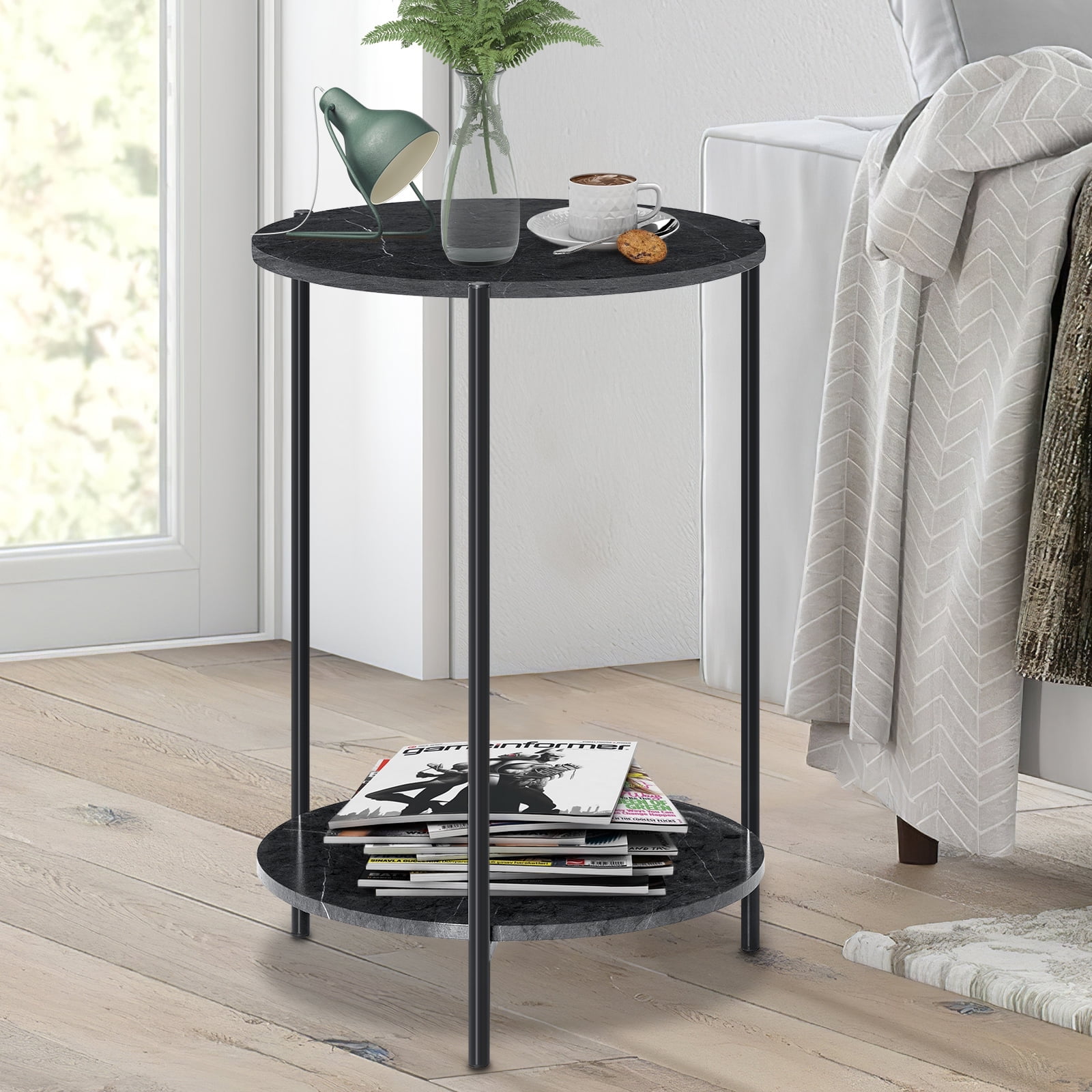 2 Tier Side Table, Faux Marble Texture Round End Table, Metal Accent Table for Small Spaces Bedside Table Night Stand for Indoor Outdoor Home Living Room Bedroom