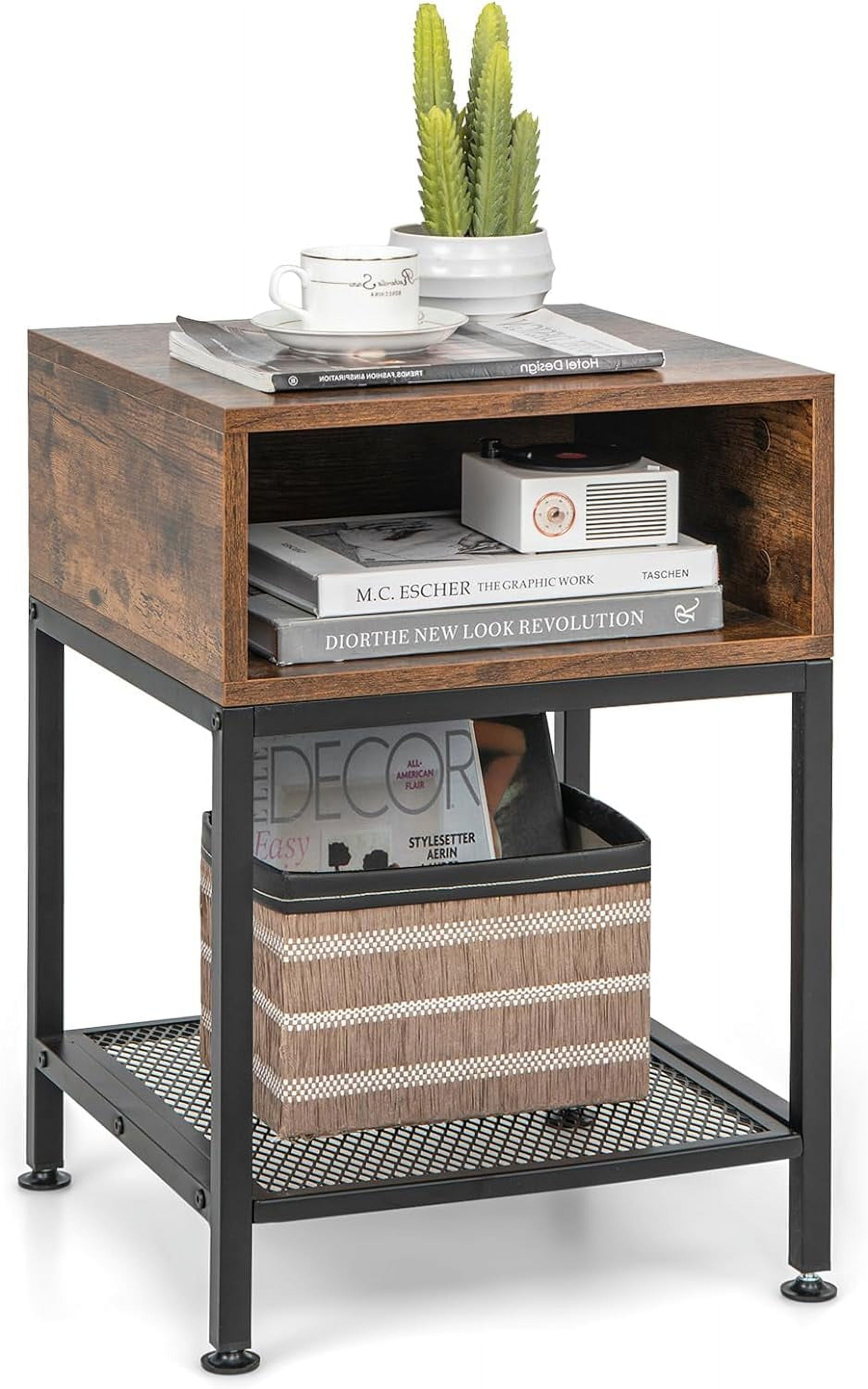 2Tier Side Table, Industrial End Table with Open and Mesh Storage