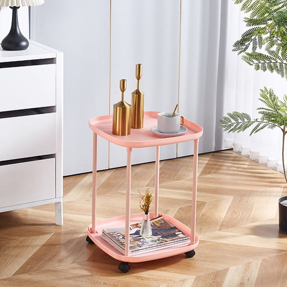 2 Tier Side Table With Wheels Rolling End Side Table Small With Storage Shelves Industrial Night Stand For Small Space Living Room Bedroom Kitchen Office End Table Bedside Table