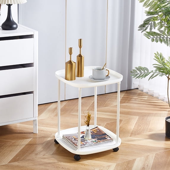 2 Tier Side Table With Wheels Rolling End Side Table Small With Storage Shelves Industrial Night Stand For Small Space Living Room Bedroom Kitchen Office End Table Bedside Table
