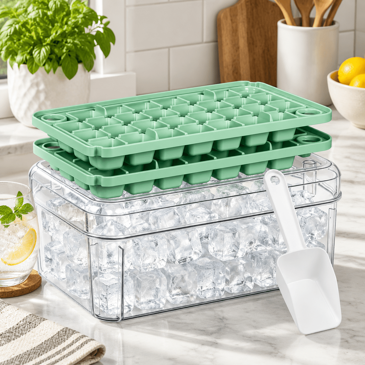 2-Tier Silicone Ice Cube Tray Set with Storage Bin and Lid, 2 Pack ...