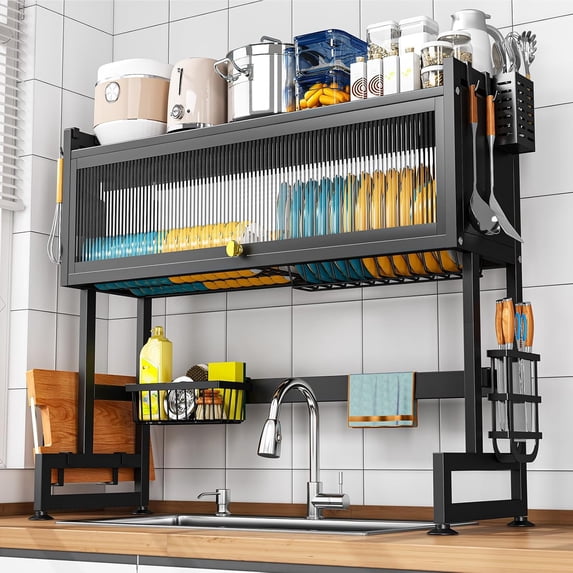 2-Tier Over The Sink Dish Drying Rack, 33.66"×31.1"×11.81", Large Sink Rack for Kitchen, Saving Kitchen Space, Cover Design Holds Dishes, Bowls, and Cutlery, Kitchen Sink Shelf