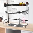 thumbnail image 1 of 2-Tier Over Sink Dish Drying Rack – Heavy Duty Carbon Steel Kitchen Organizer with Adjustable Anti-Slip Feet, High Guardrail & Multi-Basket Storage, Black, 1 of 11