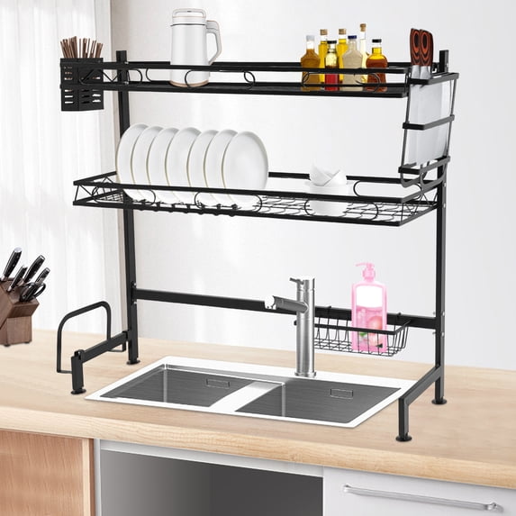 2-Tier Over Sink Dish Drying Rack – Heavy Duty Carbon Steel Kitchen Organizer with Adjustable Anti-Slip Feet, High Guardrail & Multi-Basket Storage, Black
