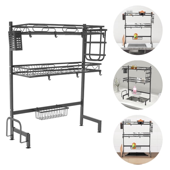 2-Tier Over Sink Dish Drying Rack, Large Capacity Kitchen Storage Shelf with Cutlery Drainer, Cup Holder, Utensil Holder & Chopping Board Rack (Black, 25.6" x 11.02" x 32.28")