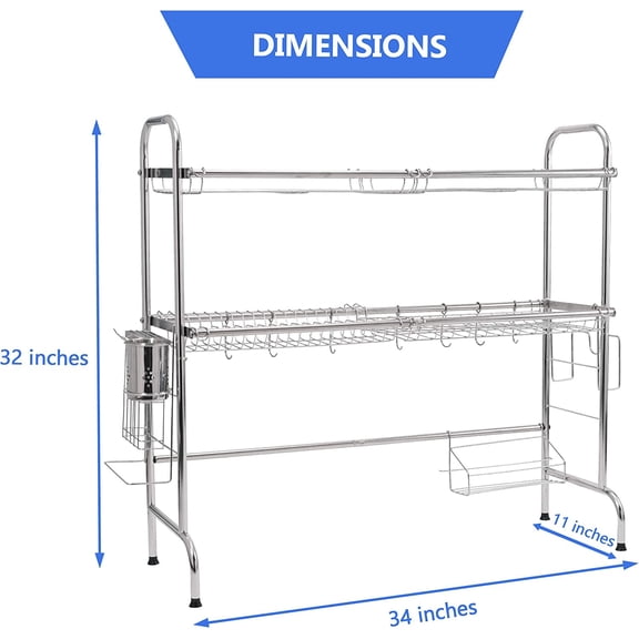 2 Tier Over The Sink Dish Drying Rack, Large Kitchen Counter Utensil Drainer w/ Non-Slip Rubber Feet, Stainless Steel Kitchen Countertop Shelf Organizer Stores Utensils, Cutting Board, Plates, Pots