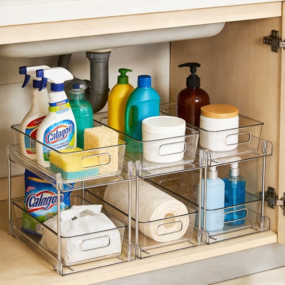 3 Pack Under Sink Organizer, 2 Tier Pull-Out Bathroom Organizers and Storage, Kitchen Cabinet Organizer, Vanity Countertop Storage Container for Bathroom Kitchen Pantry