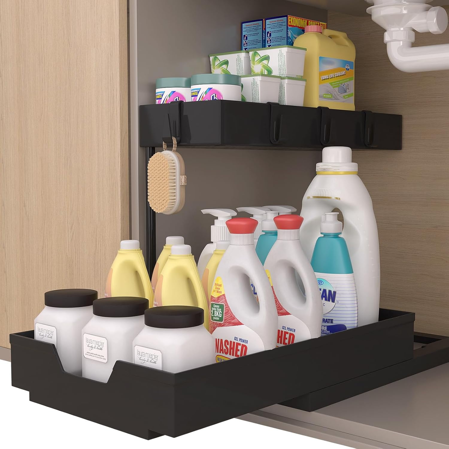 2-Pack Under Sink Organizer, 2-Tier Sliding L-Shaped Kitchen Bathroom Cabinet Organizer and Storage Rack with Hooks, Large Capacity Pull-Out Sink Organizer, Multi-Purpose Drawer Basket Storage Rack