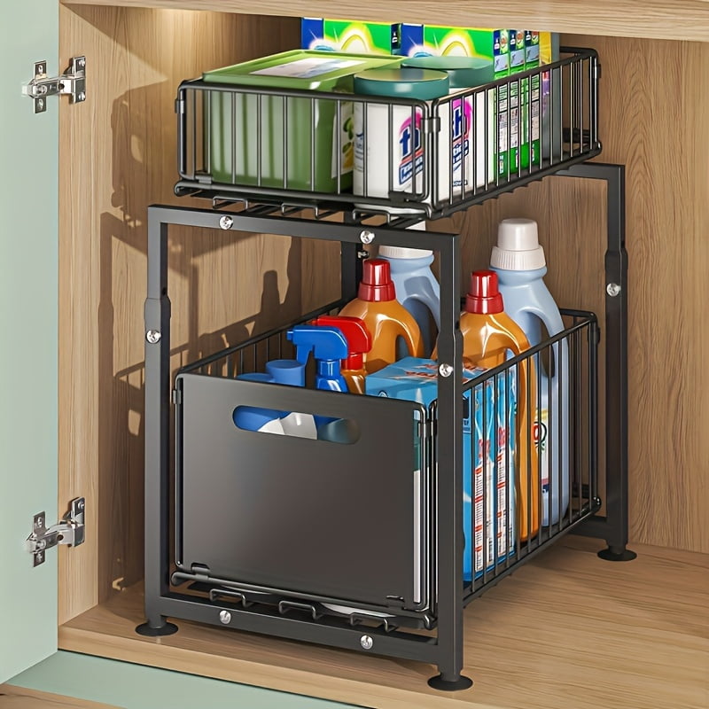 2-Tier Under Sink Organizer with Sliding Drawer, Heavy Duty Carbon Steel Storage Rack for Kitchen & Bathroom, Adjustable Shelves with Hooks for Utensils, Cleaning Supplies and Spices