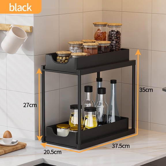 2 Tier Under Sink Organizer, Smooth Pull Out Sliding Storage Rack, Space Saving Multi-Function Metal Cabinet Shelf for Kitchen Bathroom Pantry Vanity Storage Supplies