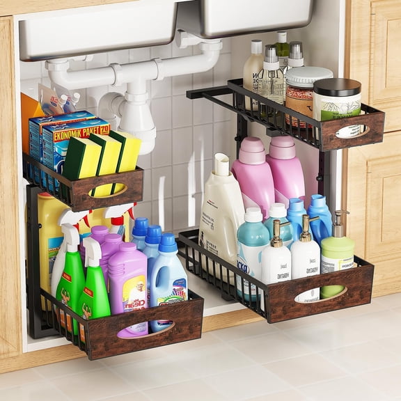 2-Tier Under Sink Organizer with Wooden Drawer Handle, 2 Pack Adjustable Height Pull Out Cabinet Organizer Shelf,Slide out Storage Drawer Rack for Kitchen Bathroom Laundry Room Pantry (Black)