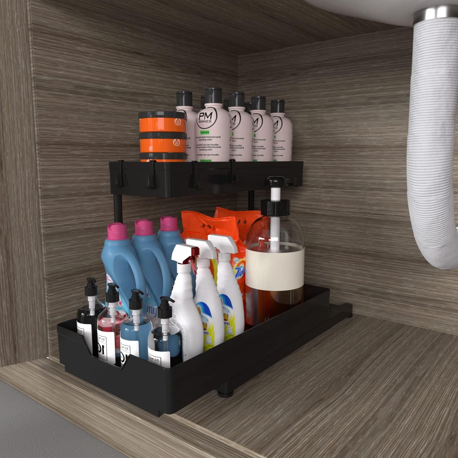 2-Tier Under Sink Organizers, 2 Pack Sliding L-shape Cabinet Organizers Narrow Space Storage Multi-purpose Sink Organizer for Bathroom Kitchen Drawer(Black 2 )