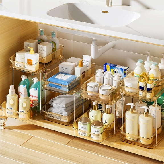 2-Tier Under Sink Organizers and Storage, Multi-Purpose Stackable Bathroom Cabinet Organizers, Pull Out Kitchen Pantry Organization and Storage with Dividers Amber, 4 Pack