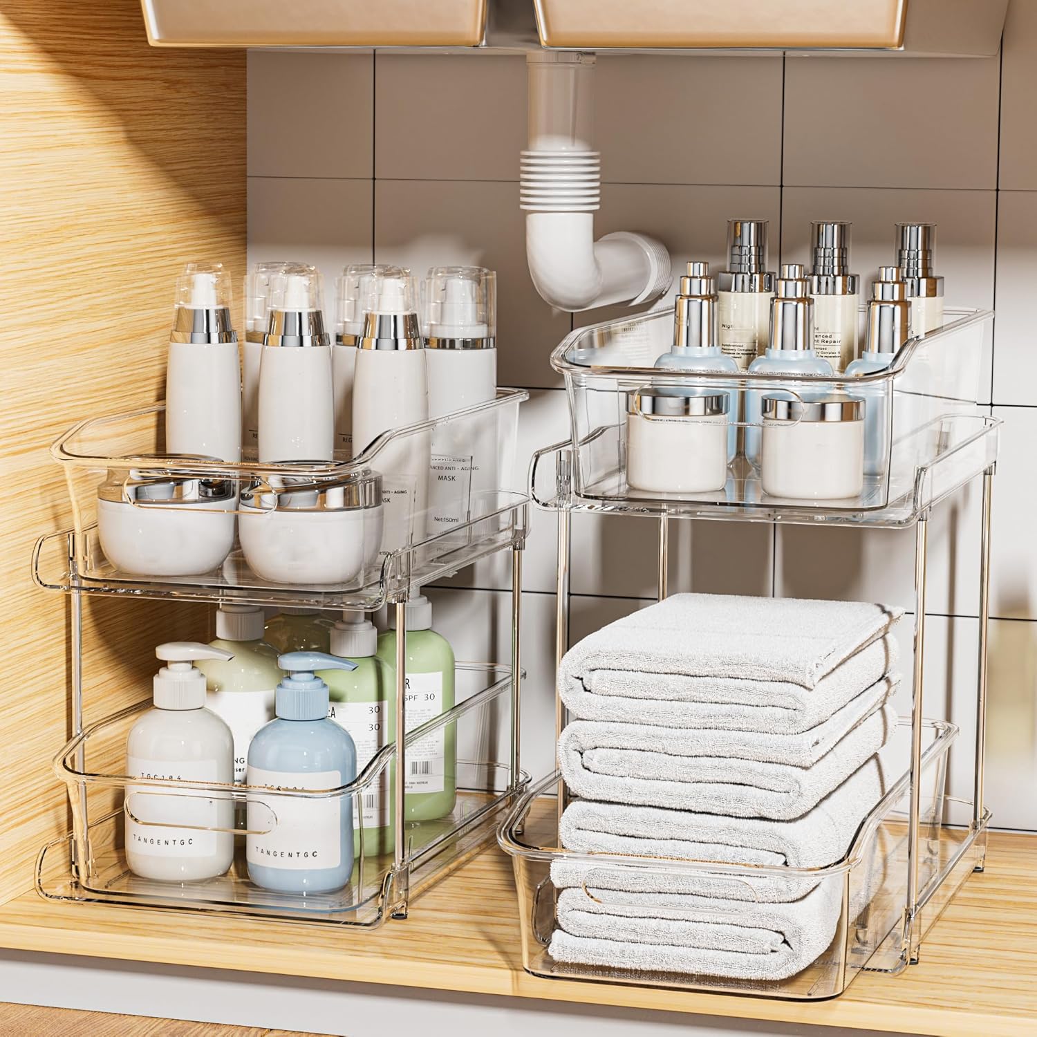 2-Tier Under Sink Organizers and Storage, Multi-Purpose Stackable Bathroom Cabinet organizers, Pull Out Kitchen Pantry Organization and Storage with Dividers(2 Pack, Clear)