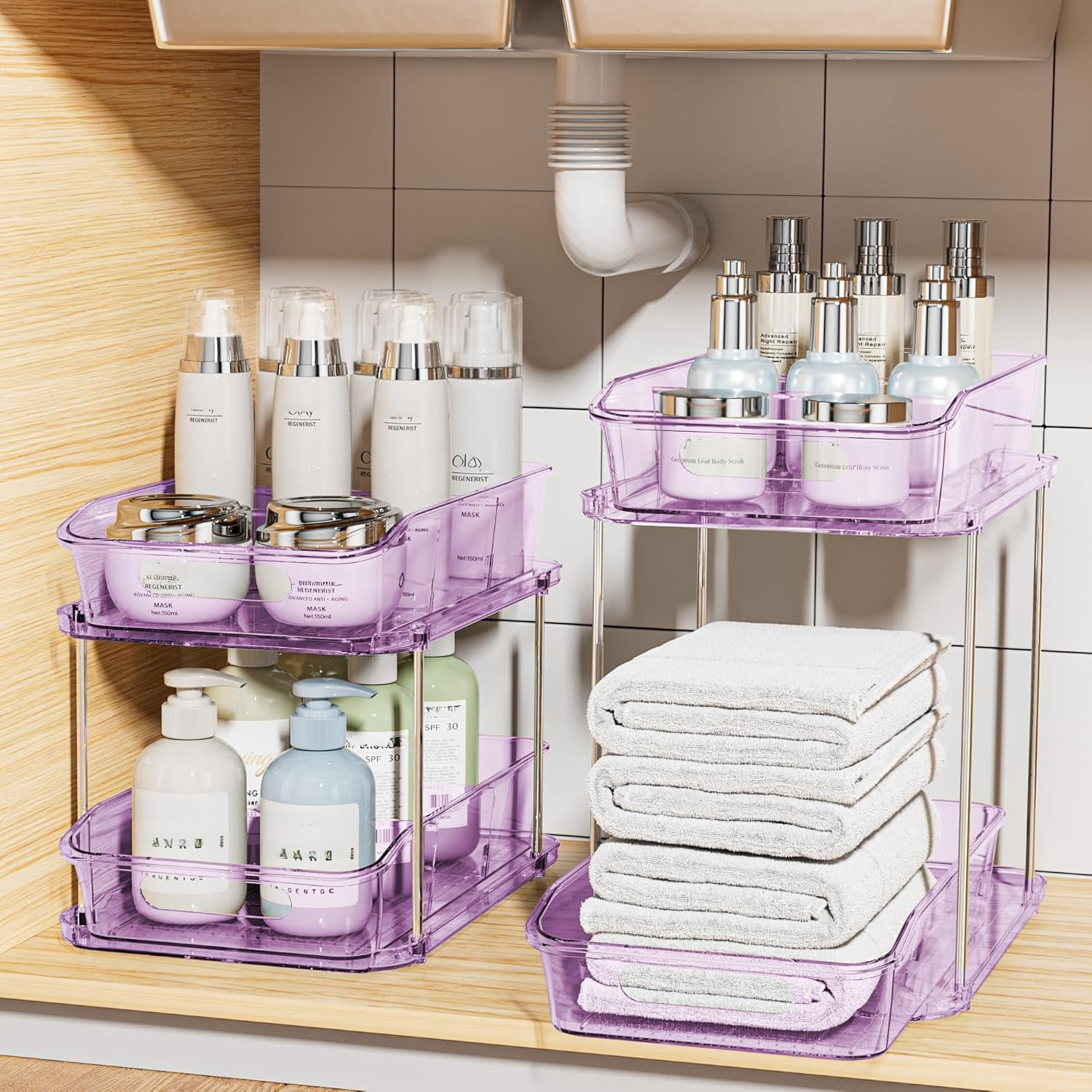 2-Tier Under Sink Organizers and Storage, Multi-Purpose Stackable Bathroom Cabinet organizers, Pull Out Kitchen Pantry Organization and Storage with Dividers(2 Pack, Purple)