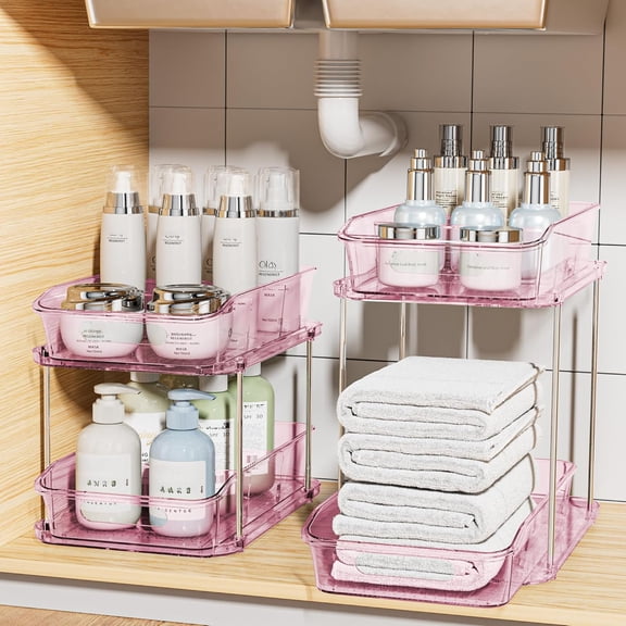 2-Tier Under Sink Organizers and Storage, Multi-Purpose Stackable Bathroom Cabinet organizers, Pull Out Kitchen Pantry Organization and Storage with Dividers