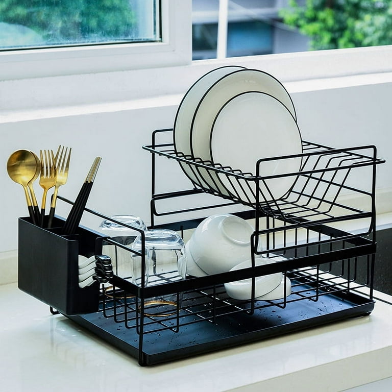 Sink Dish Drainer Rack Adjustable, Expandable 304 Stainless Steel Metal  Dish Drainer Rack Organizer Shelves with Stainless Steel Utensil Holder  Over
