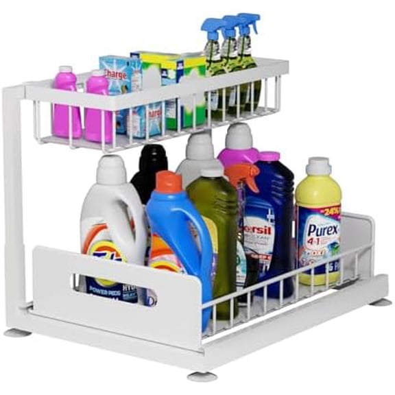 2-Tier Under Sink Slide Out Organizer, Pull Out Cabinet Storage Shelf with Sliding Wire Basket Drawer for Bathroom Kitchen, Countertop or Pantry Shelf, White