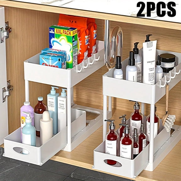 2-Tier Under Sink Storage Organizer with Sliding Baskets, Under Cabinet Storage Rack with 5 Hooks & Hanging Baskets for Kitchen Bathroom Sink Cabinet Storage