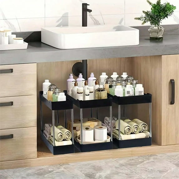 2-Tier Sink Under Storage Containers In 3 Sizes With Hook, 2-Tier Bathroom / Kitchen Pull-Out Storage Organizer Rack For Multi-Space Storage Space Utilization, Magic Melamine Sponge Cleaner And More