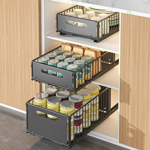 2-Tier Slide Out Cabinet Organizer - Heavy Duty Carbon Steel | Easy Pull Out Access, Space Saving Shelf for Kitchen Pantry Storage | Fits Standard Cabinets