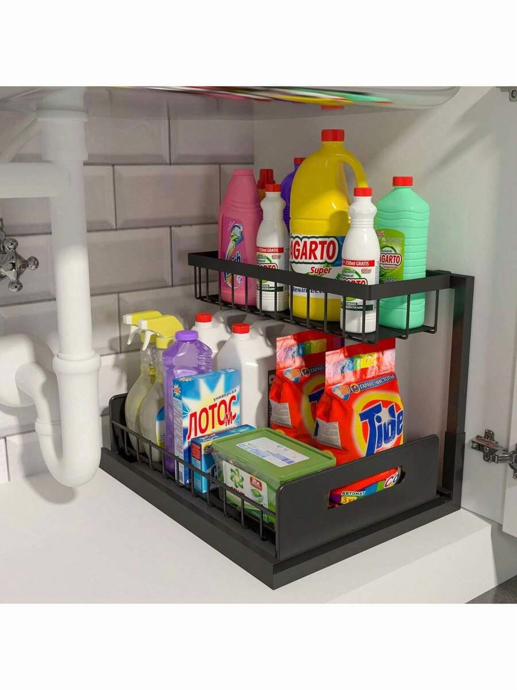 2 Tier Slide Out Kitchen Cabinet Organizer, Sturdy Metal Under Sink Storage Drawer, Pull Out Shelves for Bathroom Vanity, Pantry, and Home Office Organization