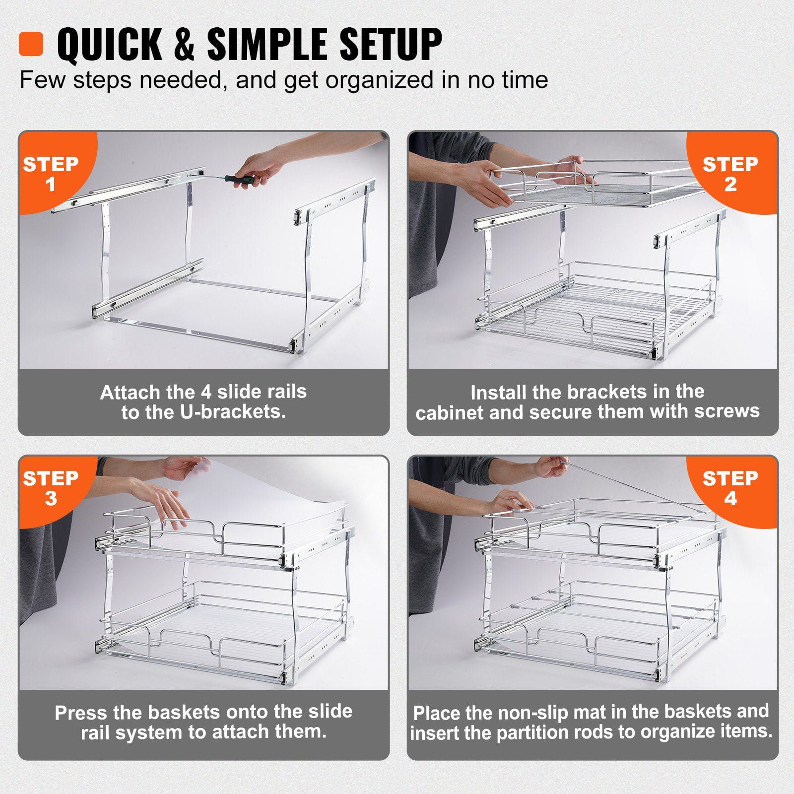 2 Tier Slide Out Pantry Shelves, 20 Inches Wide x 21 Inches Deep Pull Out Cabinet Organizer, Chrome Steel Roll Out Drawers for Kitchen & Bathroom