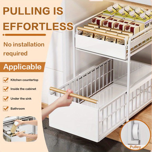 2-Tier Slide Rail Sink Storage Box Cabinet Drop-Down Storage Rack Kitchen Bathroom Multifunctional Organizer Pull-Out Gap Storage Tool Waterproof Easy Access
