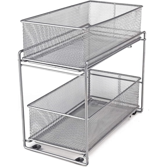 2 Tier Sliding Basket Stackable Cabinet Pull-Out Drawer Mesh Organizer for Kitchen Under Sink Storage (Silver)