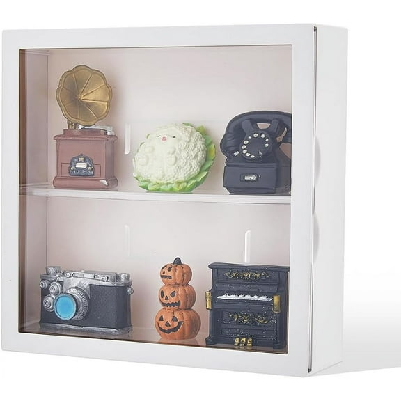 2-Tier Sliding Door Figures Display Case 24.5x8x24.5cm Clear Display Case White Collectibles Box Wall Hanging Box