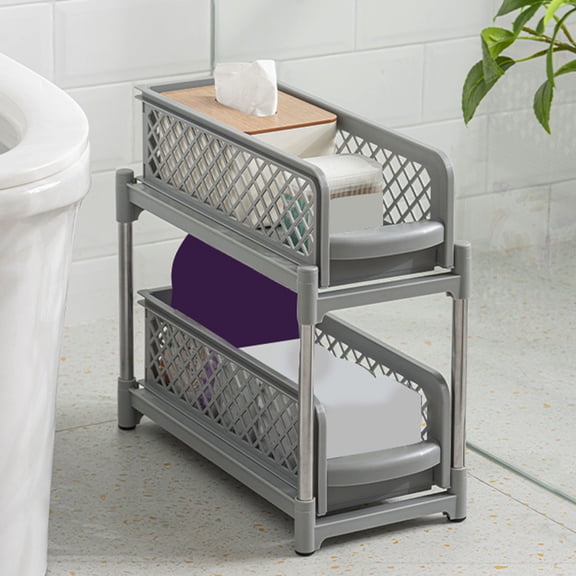 2 Tier Sliding Shelves Under Sink Organizer - Pull Out Cabinet Storage for Bathroom Kitchen - Plastic Drawer Shelf for Pantry Organization - 14.76 x 7.28 x 14.57 Inch Stackable Basket Set