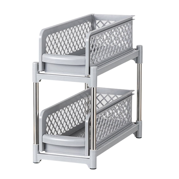 2-Tier Sliding Shelves Storage Organizer Under Sink Pull-Out Cabinet Shelf Bathroom & Kitchen Pantry White Plastic Durable Durable Plastic Baskets and Frame