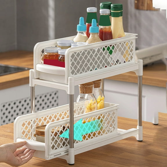 2 Tier Sliding Shelves Under Sink Organizer with Pull Out Drawers for Kitchen and Bathroom Cabinet Storage, Pantry Shelf Organizer