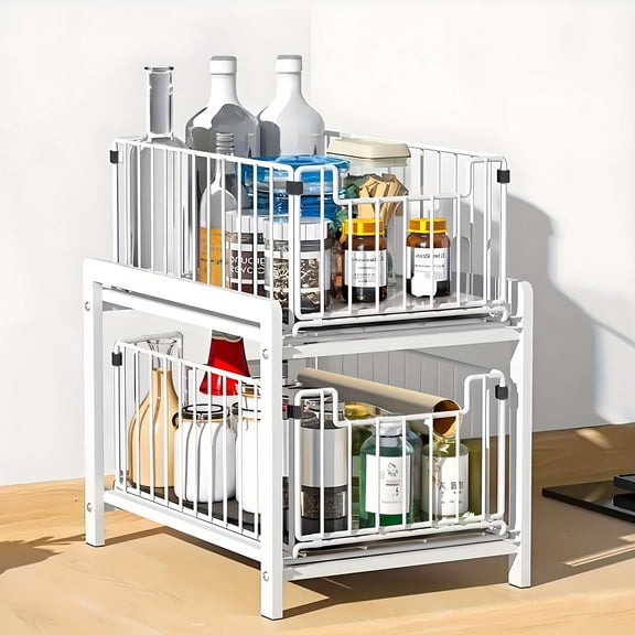 2-Tier Sliding Under-Sink Organizer Rack Metal Wire Storage Basket Bathroom Kitchen Removable Easy Clean Storage for Toiletries Spices Utensils