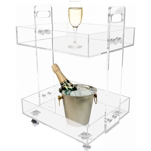2-Tier Small Acrylic Rolling Cart with Wheels,Mobile Side Table Acrylic Rolling Side Table Clear Cart Slide Out Cart Organization and Storage Cart with Wheels for Home Office School Bar