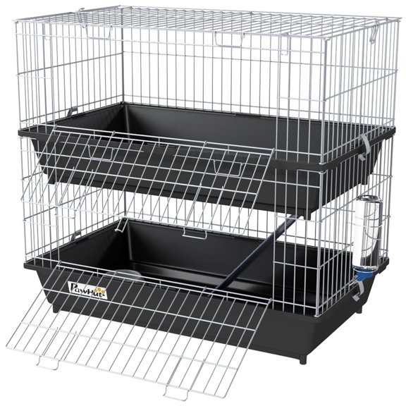2-Tier Small Animal Cage with 2 Doors, Trays, Dish, Bottle, and Ramp for Bunny, Ferret, Chinchilla, Black