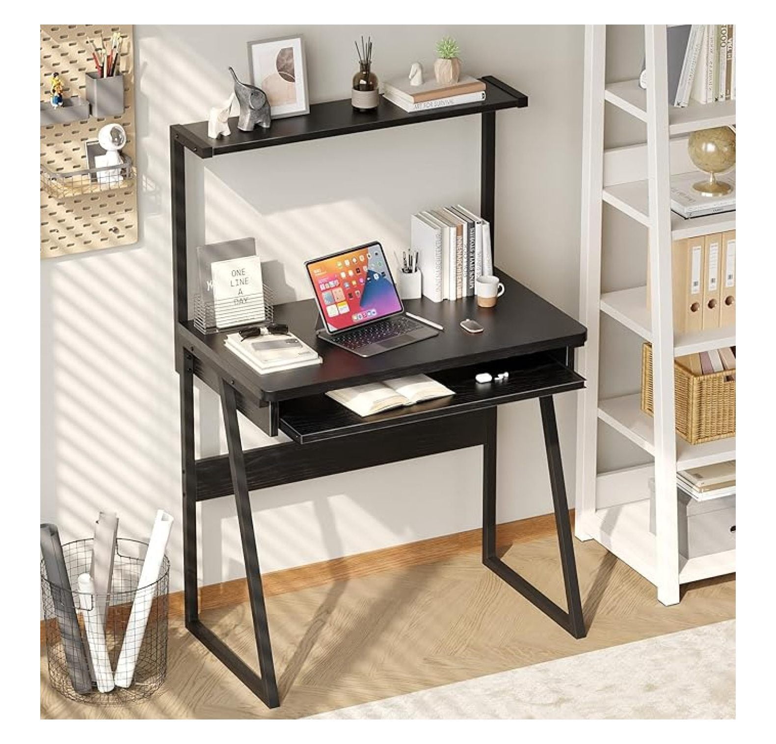 2-Tier Small Computer Desk with Keyboard Tray, Compact Laptop Table ...