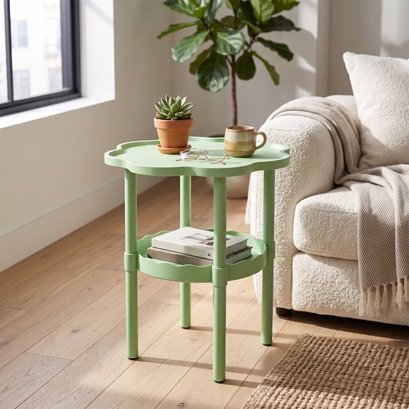 2-Tier Small End Table Petal Edge Nightstand Portable Flower Shaped Side Table For Living Room Green